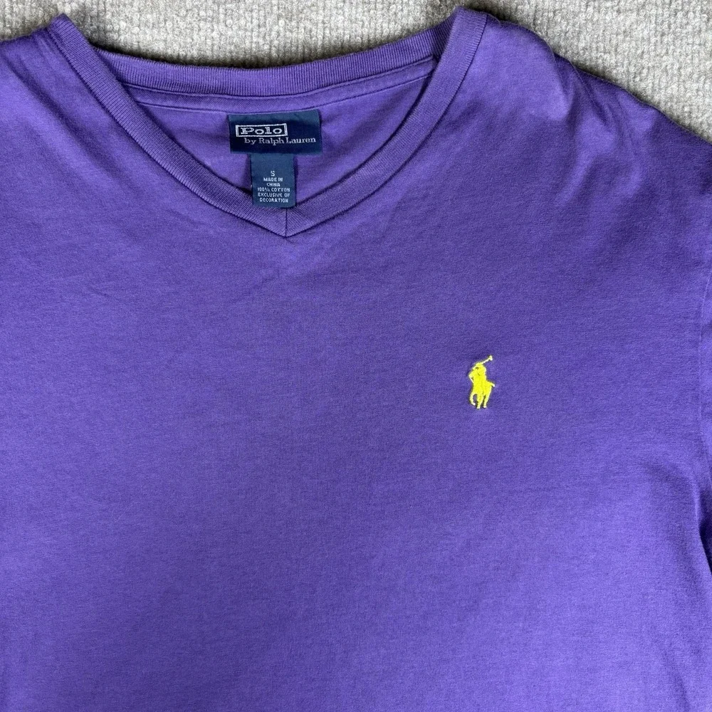 Polo Ralph Lauren Men's Purple V-Neck T-Shirt Yellow Pony Logo Cotton Size S